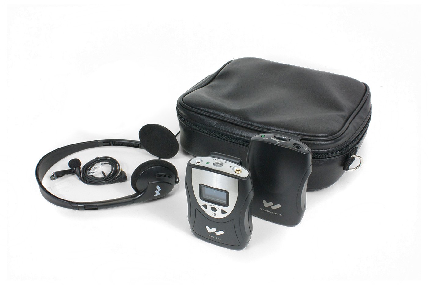 An Assistive Listening Device FM system with headphones, a receiver, and a transmitter.