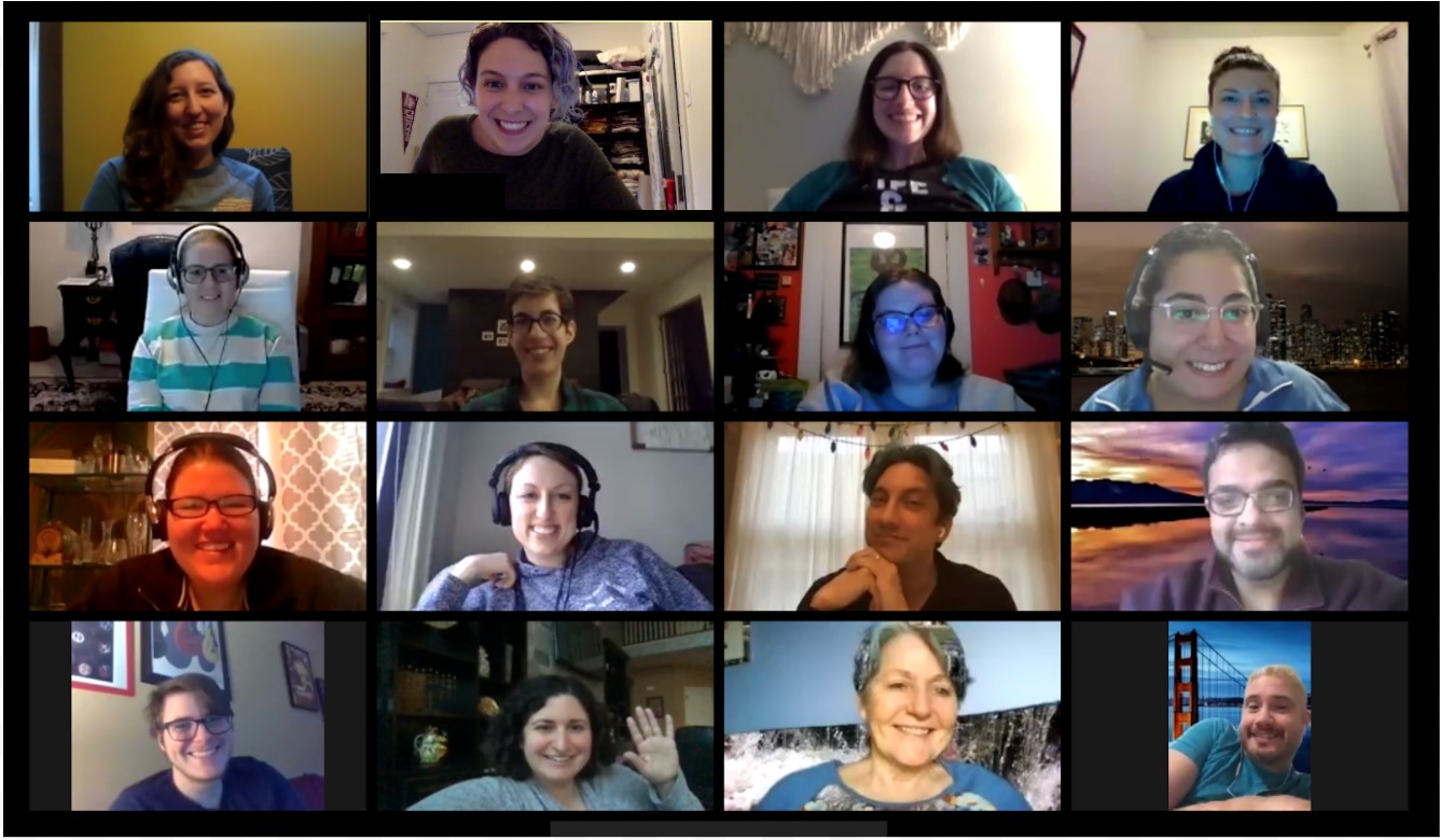 Screen grab of a Zoom meeting. Video boxes of 12 smiling attendees.