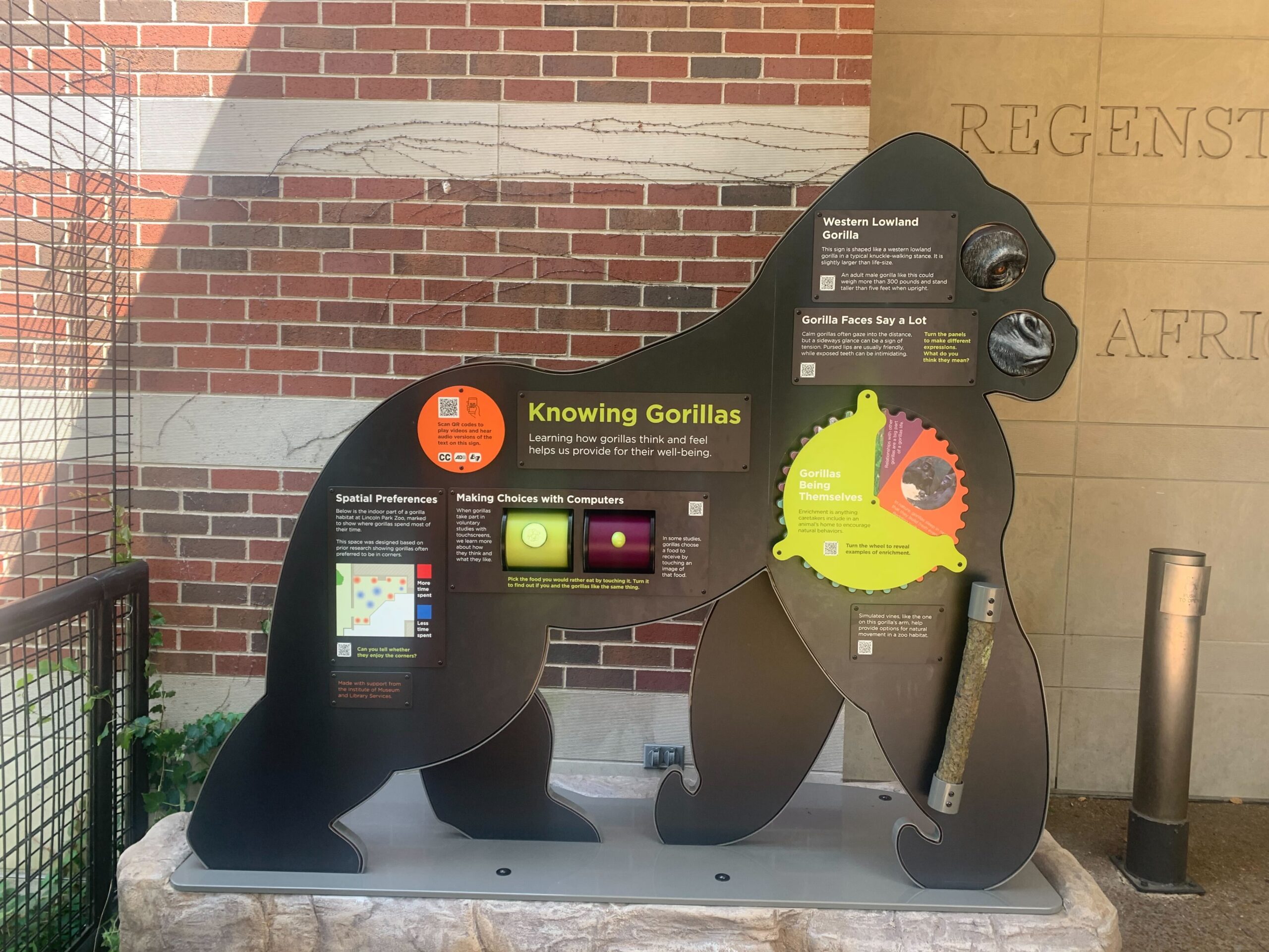 Interactive accessible sign shaped like a gorilla